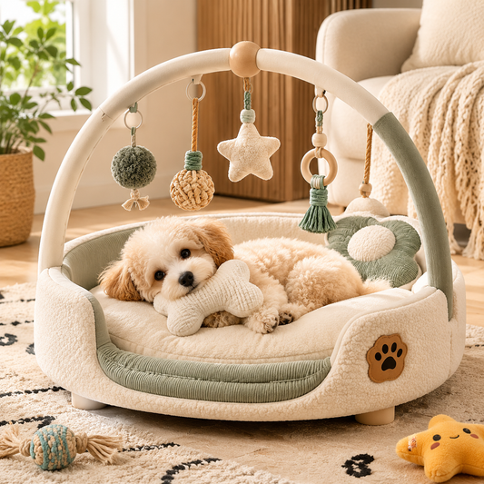 Qivorla™ CozyNest Activity Lounger – Plush Pet Bed with Overhead Play Arch & Hanging Enrichment Toys