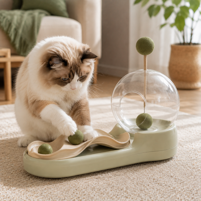Qivorla™ OrbitPounce Cat Discovery Playground – Interactive Ball Track with Clear Play Dome, Wavy Chase Lane & Bouncing Teaser