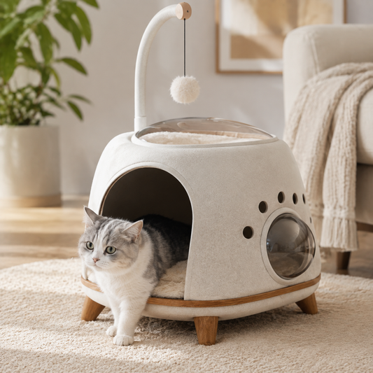 Qivorla™ HavenPod Elevated Cat Retreat – Enclosed Cat House with Panoramic Bubble Window, Plush Lounge & Hanging Play Toy