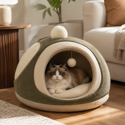 Qivorla™ MossHaven Cozy Cat Cave – Plush Enclosed Cat Bed with Deep Cushion & Hanging Play Pom