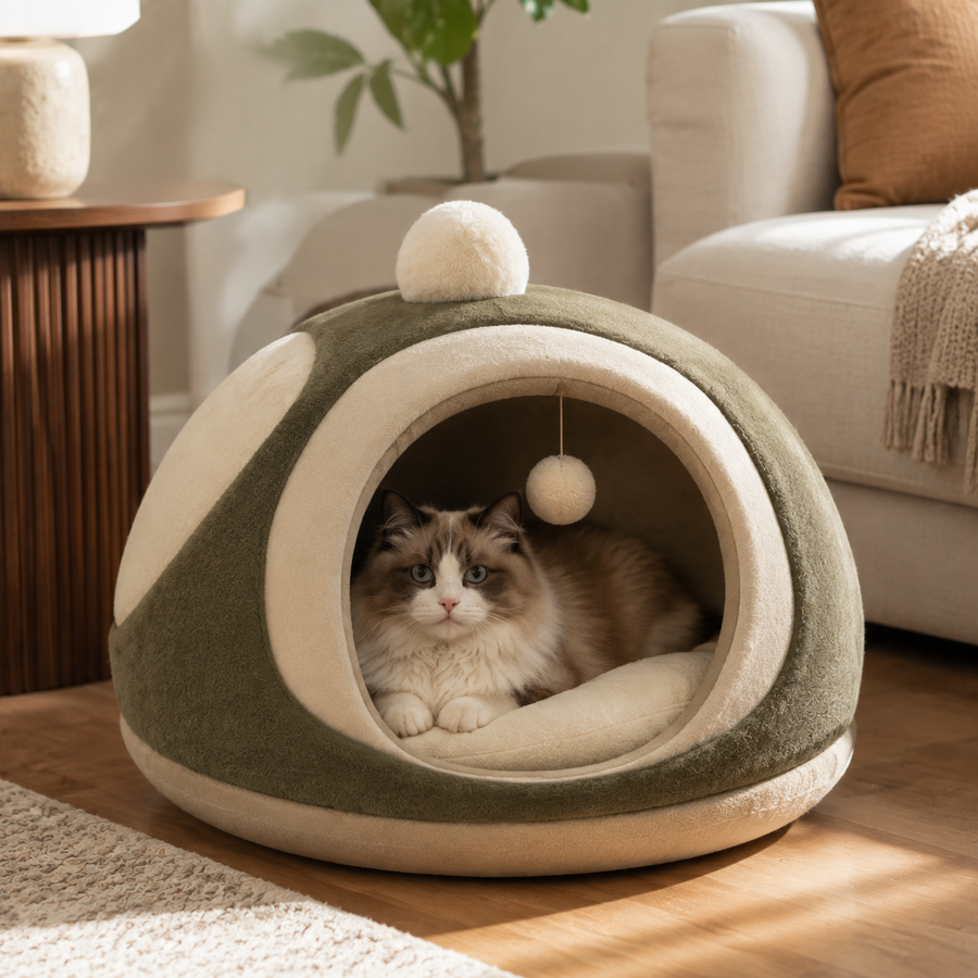Qivorla™ MossHaven Cozy Cat Cave – Plush Enclosed Cat Bed with Deep Cushion & Hanging Play Pom