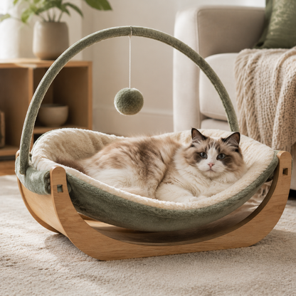 Qivorla™ WillowArc Rocking Cat Lounger – Elevated Plush Cat Bed with Wooden Rocker Frame & Hanging Play Ball
