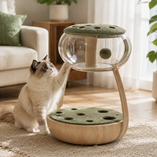 Qivorla™ VistaPod Elevated Cat Activity Lounge – Clear Bubble Playhouse with Scratching Post, Peek-Through Platforms & Hanging Toy
