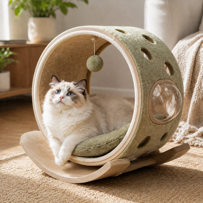 Qivorla™ HavenOrbit Rocking Cat Retreat – Round Cocoon Bed with Curved Wood Base, Peek Window & Hanging Play Ball
