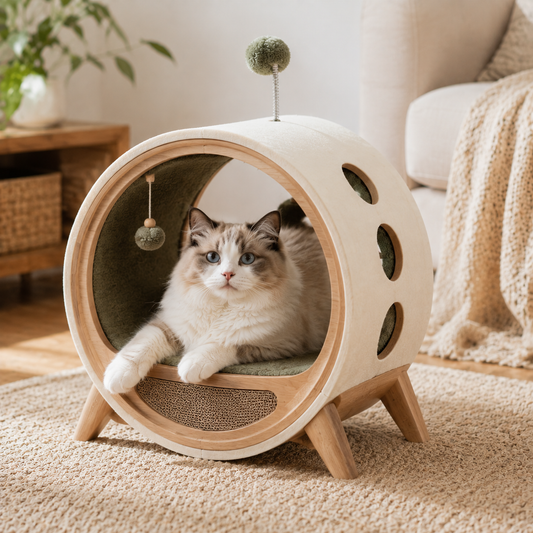 Qivorla™ CozyPorthole Cat Lounge – Elevated Round Cat House with Scratch Pad, Play Toys & Ventilated Hideaway