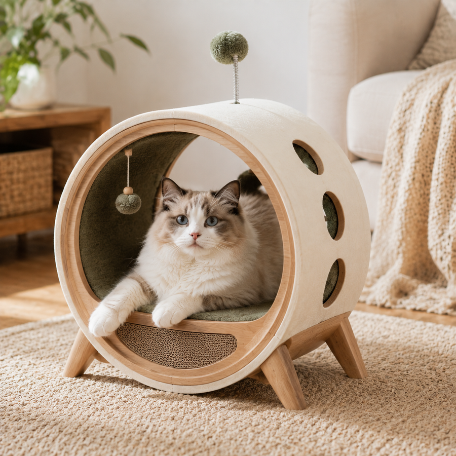 Qivorla™ CozyPorthole Cat Lounge – Elevated Round Cat House with Scratch Pad, Play Toys & Ventilated Hideaway