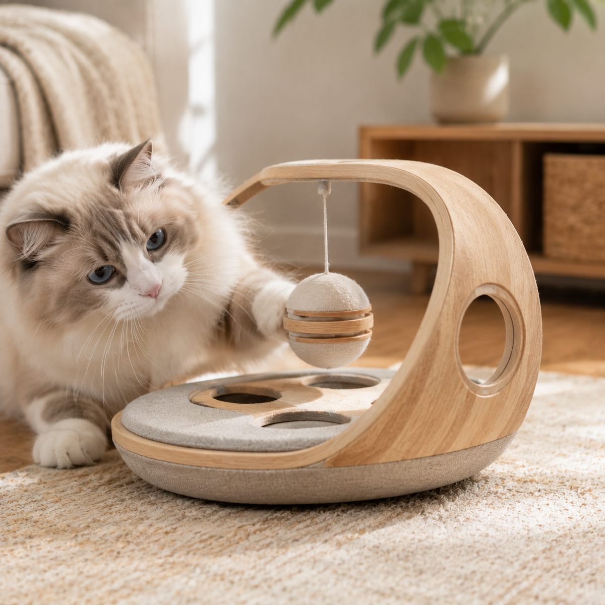 Qivorla™ PawQuest Interactive Cat Activity Center – Wooden Puzzle Play Station with Hanging Ball & Multi-Paw Challenge Board