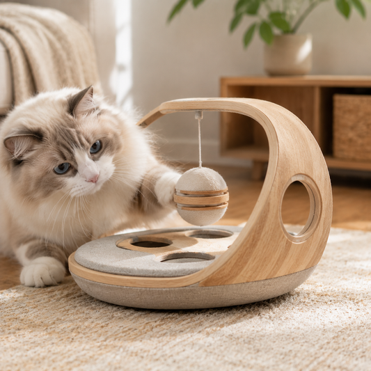 Qivorla™ PawQuest Interactive Cat Activity Center – Wooden Puzzle Play Station with Hanging Ball & Multi-Paw Challenge Board