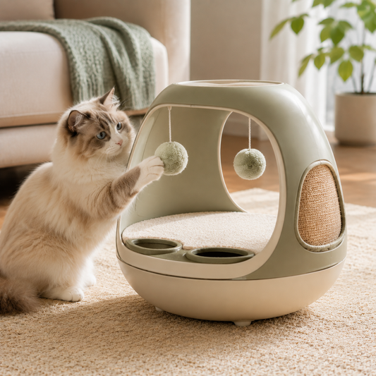 Qivorla™ SageNest 4-in-1 Cat Activity Lounge – Cozy Resting Bed with Dual Hanging Toys, Scratch Panel & Paw Play Pockets