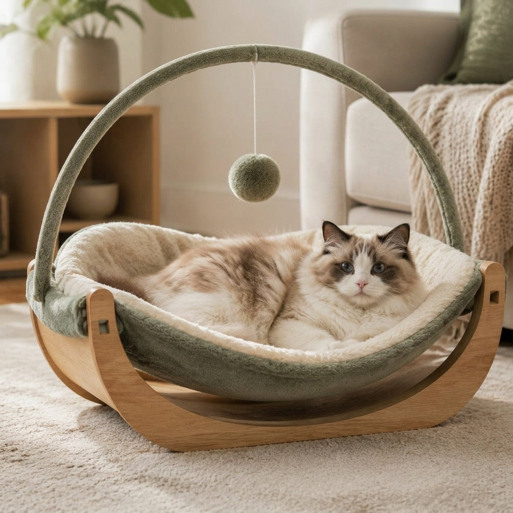 Qivorla™ WillowArc Rocking Cat Lounger – Elevated Plush Cat Bed with Wooden Rocker Frame & Hanging Play Ball