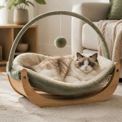Qivorla™ WillowArc Rocking Cat Lounger – Elevated Plush Cat Bed with Wooden Rocker Frame & Hanging Play Ball