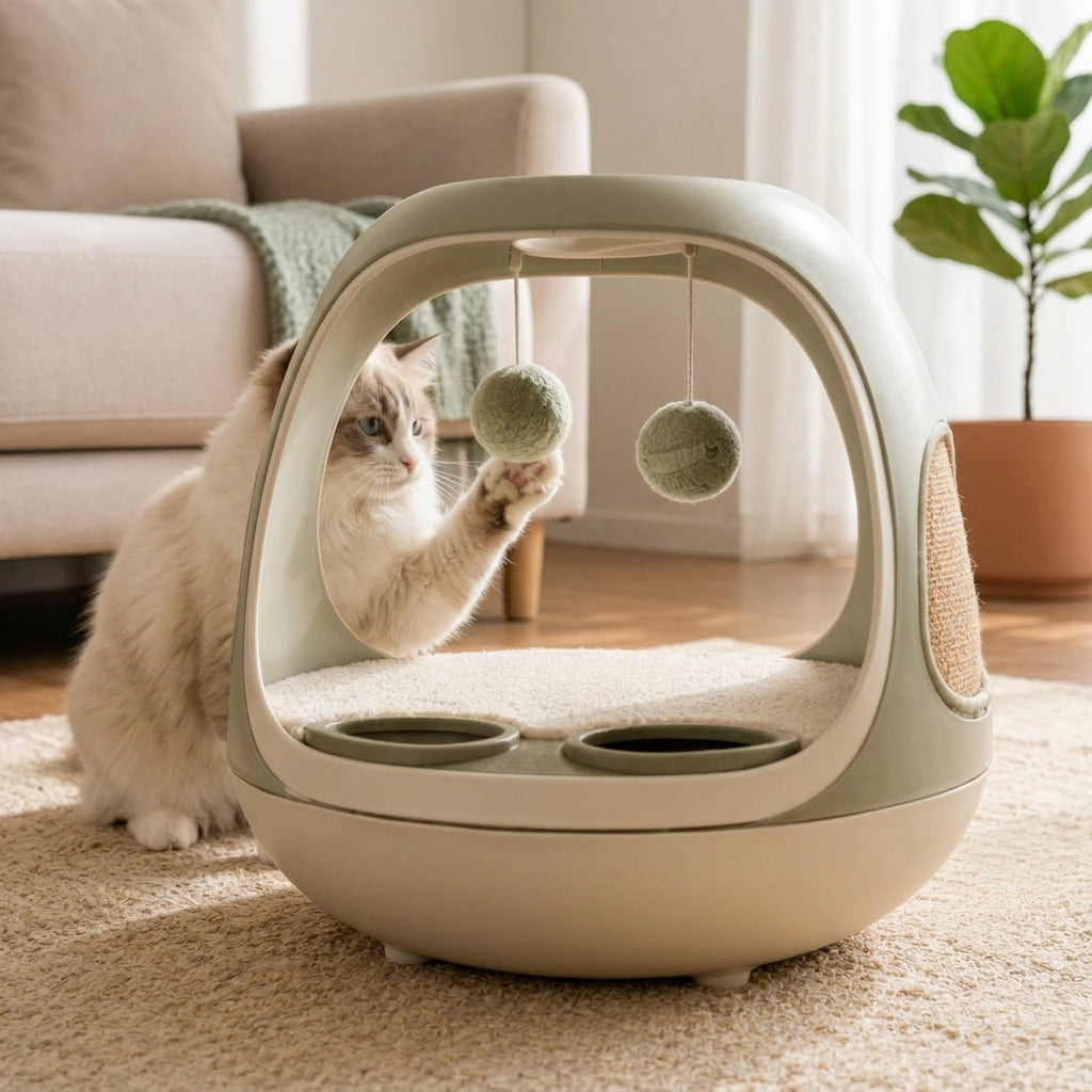 Qivorla™ SageNest 4-in-1 Cat Activity Lounge – Cozy Resting Bed with Dual Hanging Toys, Scratch Panel & Paw Play Pockets