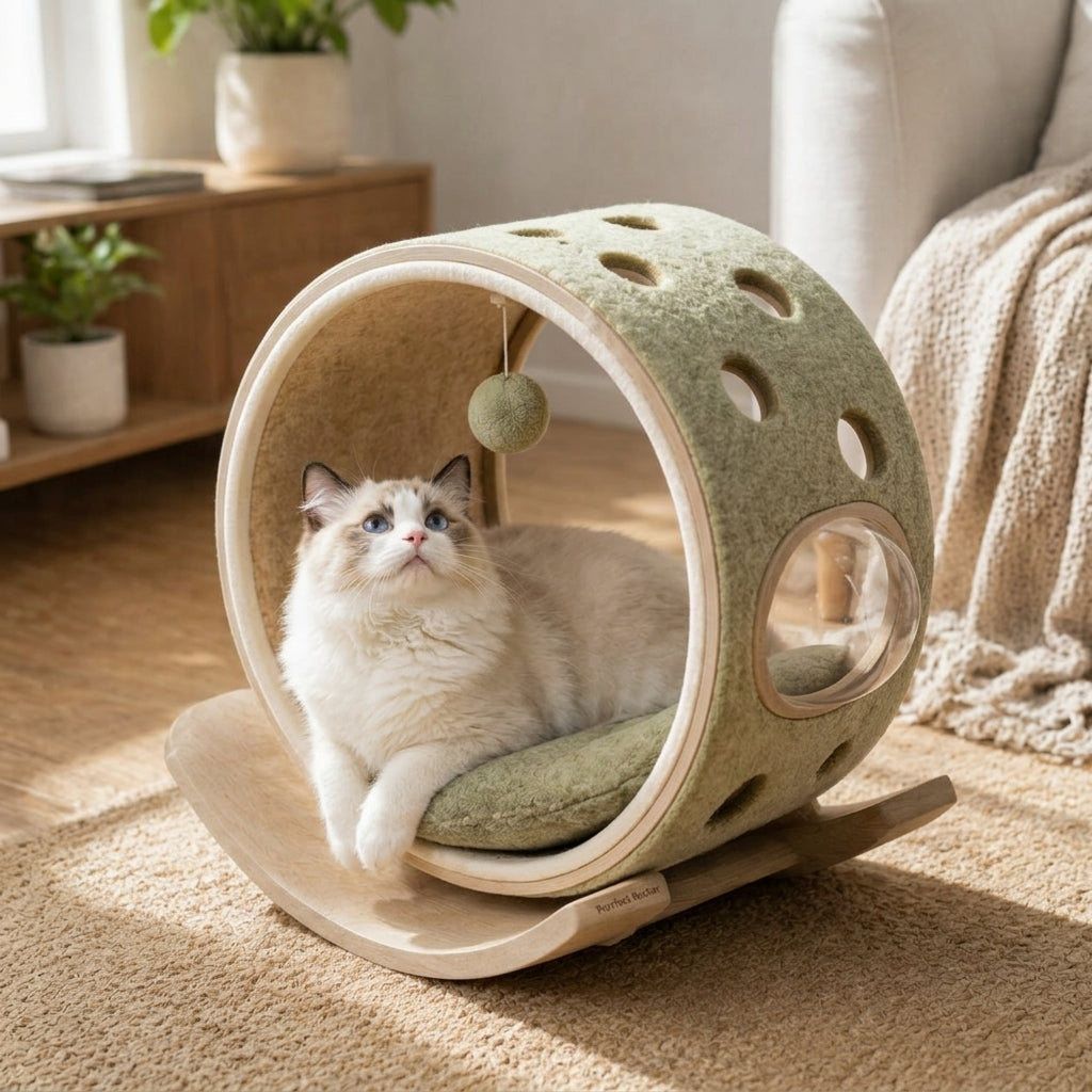 Qivorla™ HavenOrbit Rocking Cat Retreat – Round Cocoon Bed with Curved Wood Base, Peek Window & Hanging Play Ball