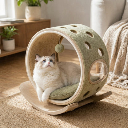 Qivorla™ HavenOrbit Rocking Cat Retreat – Round Cocoon Bed with Curved Wood Base, Peek Window & Hanging Play Ball