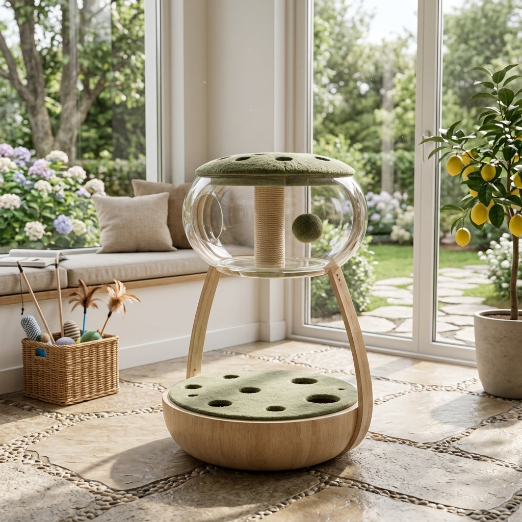 Qivorla™ VistaPod Elevated Cat Activity Lounge – Clear Bubble Playhouse with Scratching Post, Peek-Through Platforms & Hanging Toy