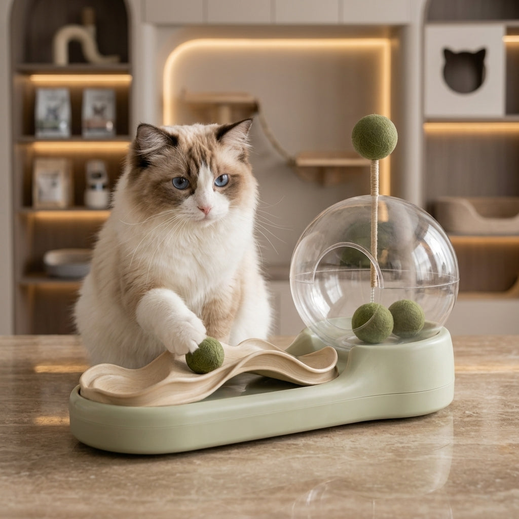 Qivorla™ OrbitPounce Cat Discovery Playground – Interactive Ball Track with Clear Play Dome, Wavy Chase Lane & Bouncing Teaser