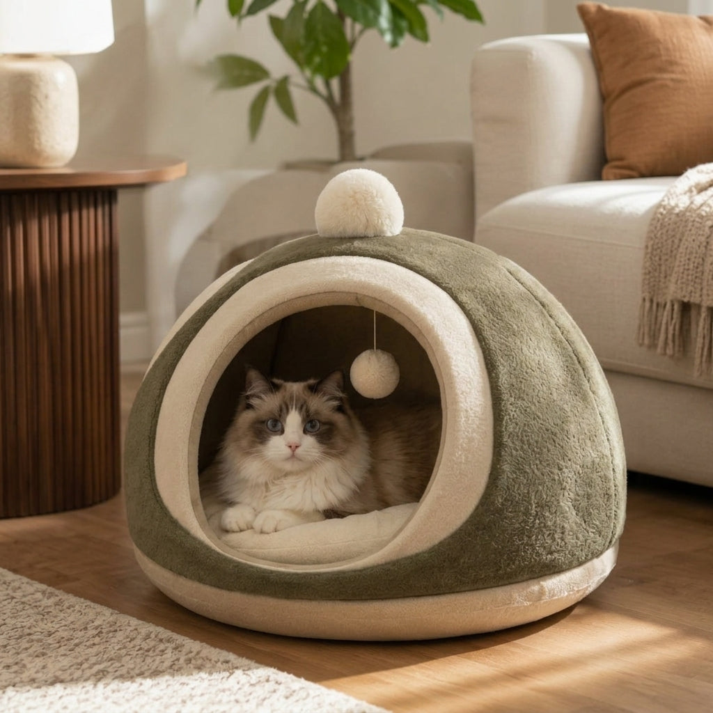 Qivorla™ MossHaven Cozy Cat Cave – Plush Enclosed Cat Bed with Deep Cushion & Hanging Play Pom