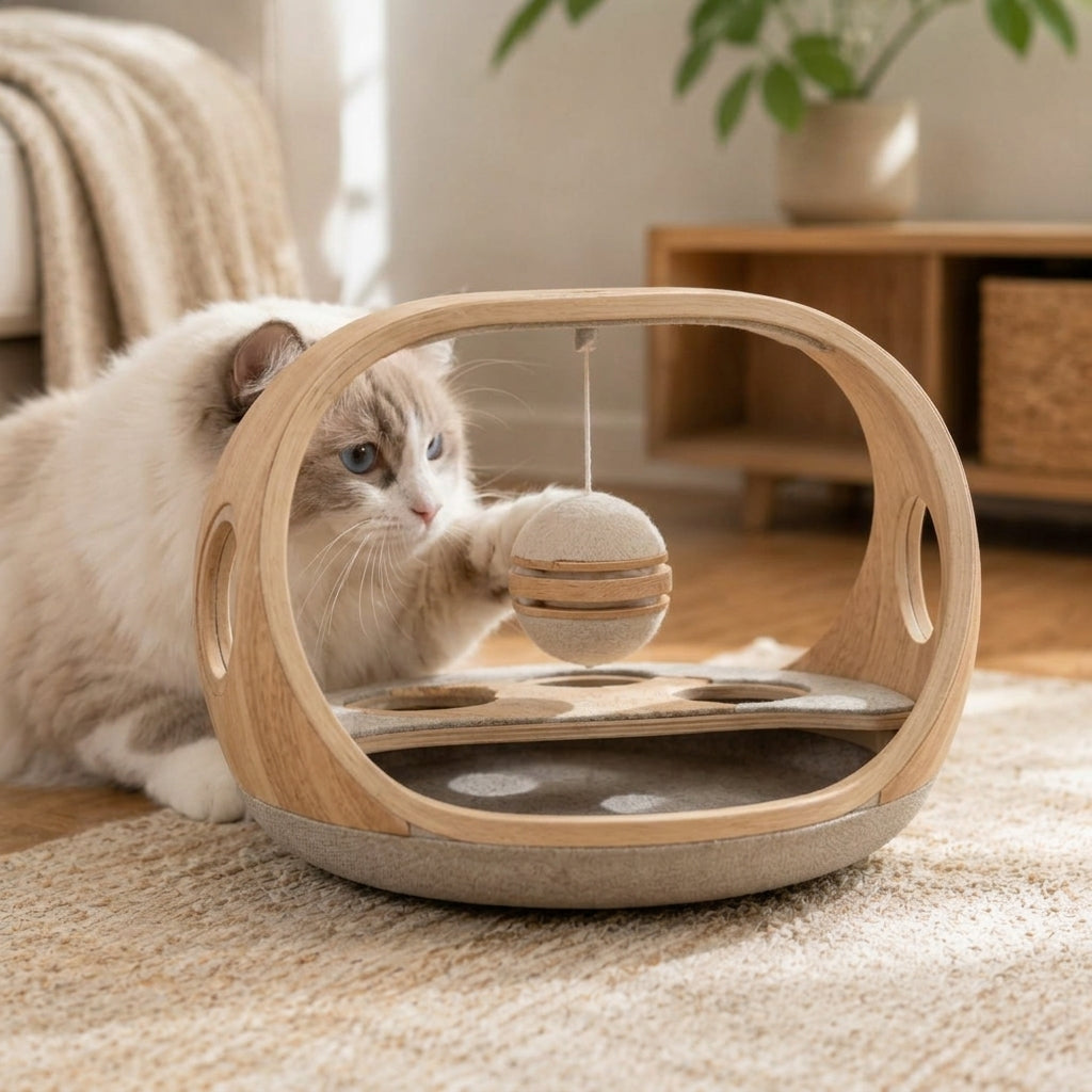 Qivorla™ PawQuest Interactive Cat Activity Center – Wooden Puzzle Play Station with Hanging Ball & Multi-Paw Challenge Board