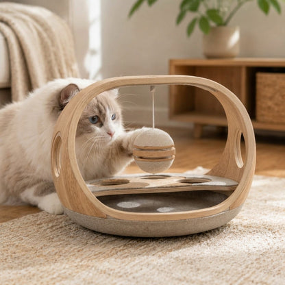 Qivorla™ PawQuest Interactive Cat Activity Center – Wooden Puzzle Play Station with Hanging Ball & Multi-Paw Challenge Board