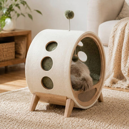 Qivorla™ CozyPorthole Cat Lounge – Elevated Round Cat House with Scratch Pad, Play Toys & Ventilated Hideaway