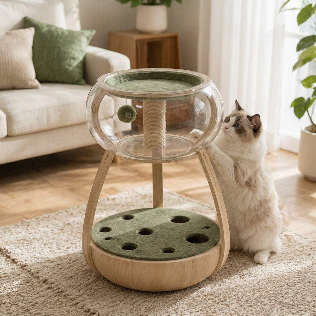 Qivorla™ VistaPod Elevated Cat Activity Lounge – Clear Bubble Playhouse with Scratching Post, Peek-Through Platforms & Hanging Toy