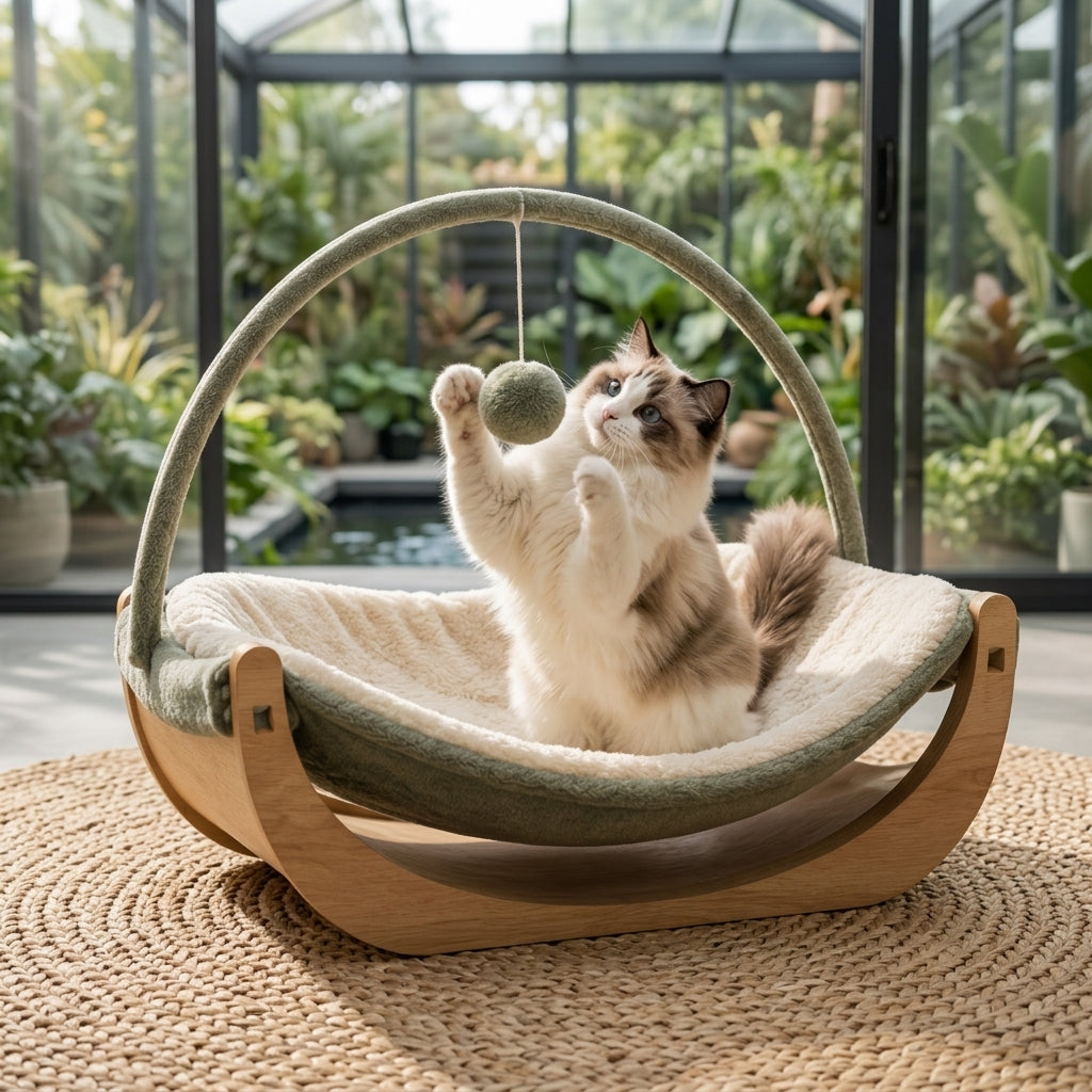 Qivorla™ WillowArc Rocking Cat Lounger – Elevated Plush Cat Bed with Wooden Rocker Frame & Hanging Play Ball