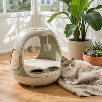 Qivorla™ SageNest 4-in-1 Cat Activity Lounge – Cozy Resting Bed with Dual Hanging Toys, Scratch Panel & Paw Play Pockets