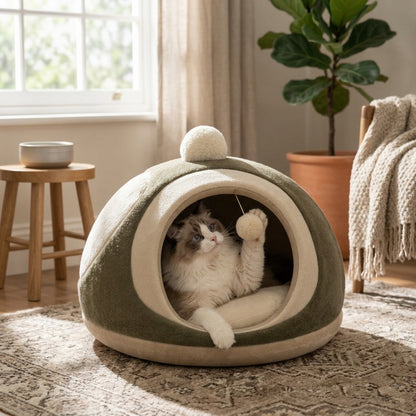 Qivorla™ MossHaven Cozy Cat Cave – Plush Enclosed Cat Bed with Deep Cushion & Hanging Play Pom