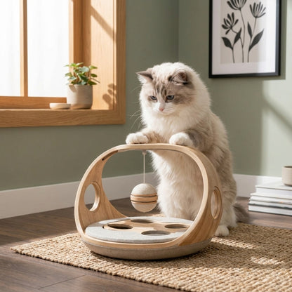 Qivorla™ PawQuest Interactive Cat Activity Center – Wooden Puzzle Play Station with Hanging Ball & Multi-Paw Challenge Board
