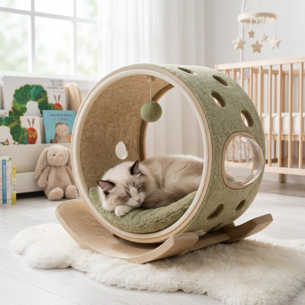 Qivorla™ HavenOrbit Rocking Cat Retreat – Round Cocoon Bed with Curved Wood Base, Peek Window & Hanging Play Ball